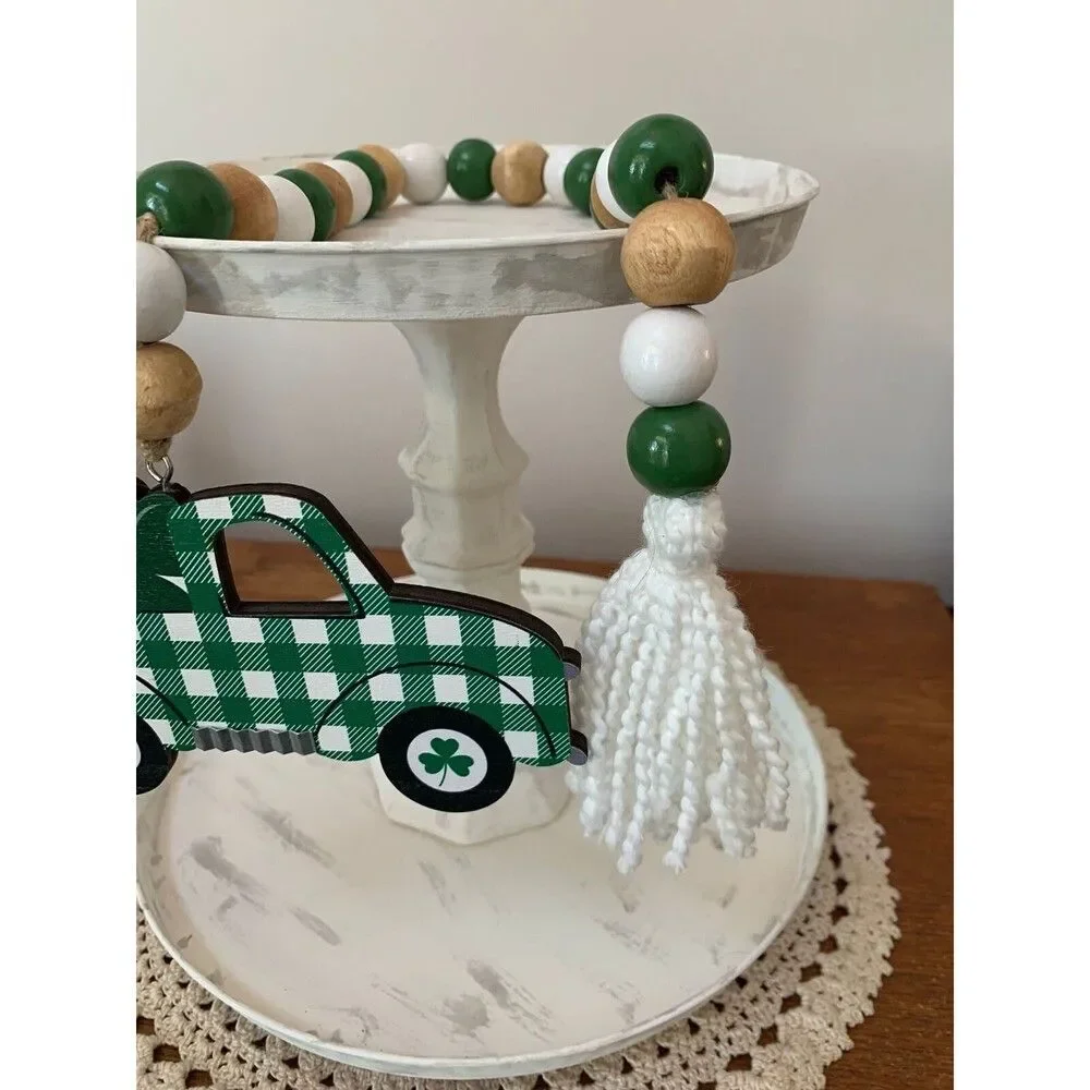 St Patrick’s Day Truck Tiered Tray Decor, St Patrick’s Day Beaded Garland Truck